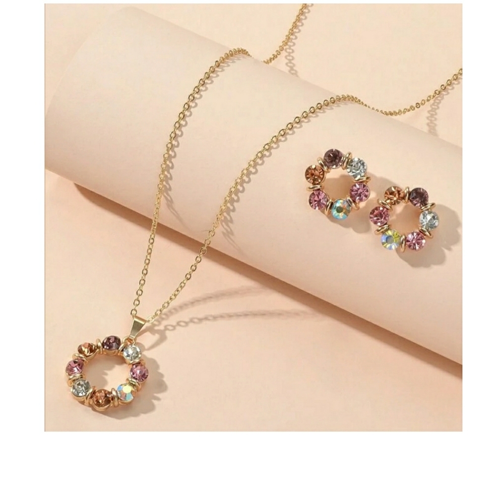 3pcs Multi Color Rhinestone Gold Tone Jewelry Set